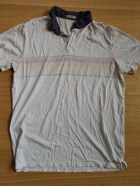 Marine Layer White Polo with Navy Collar and Pastel Stripe